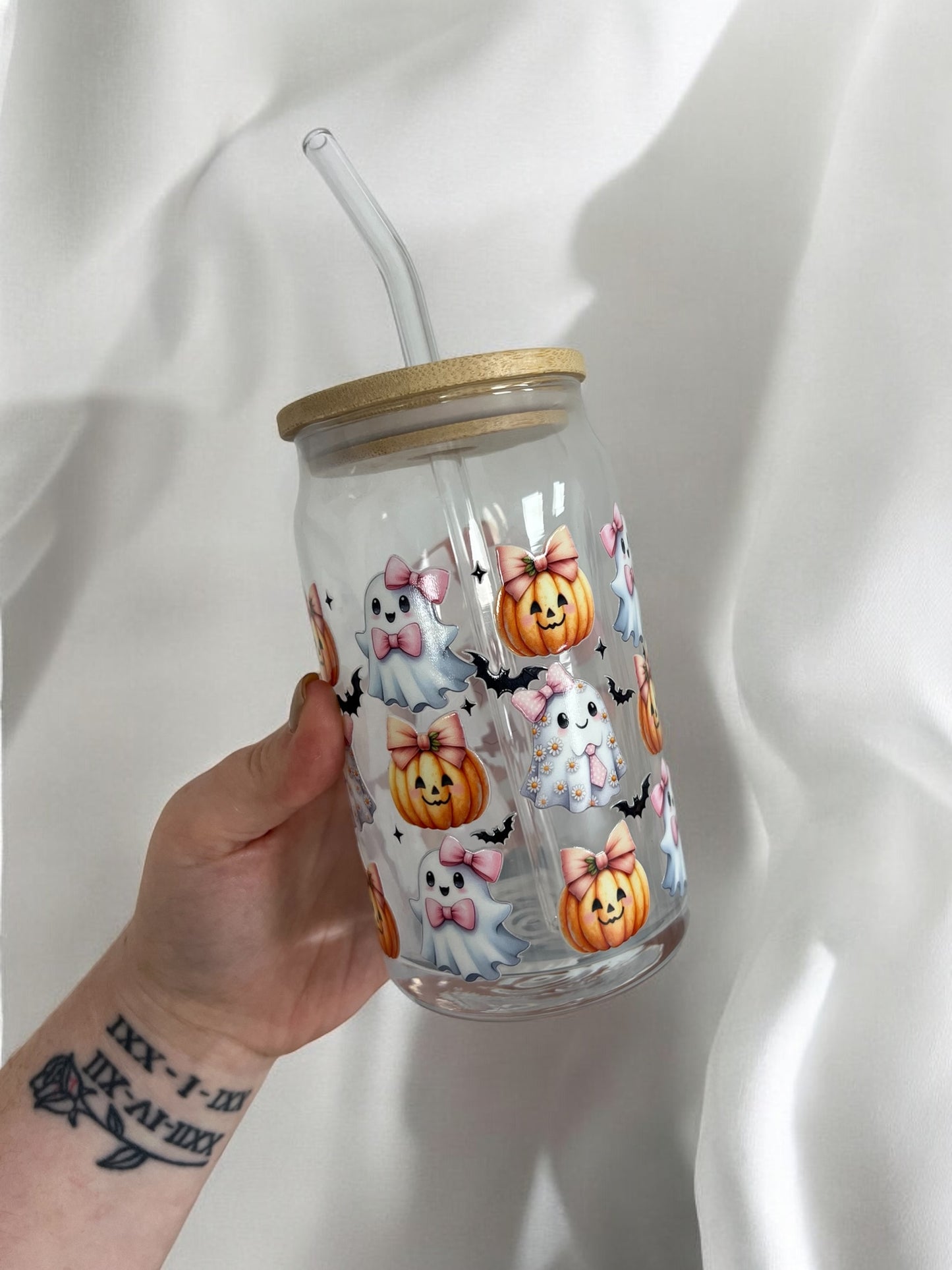 Cute Ghost & Pumpkin Halloween 16oz Libbey Glass Can