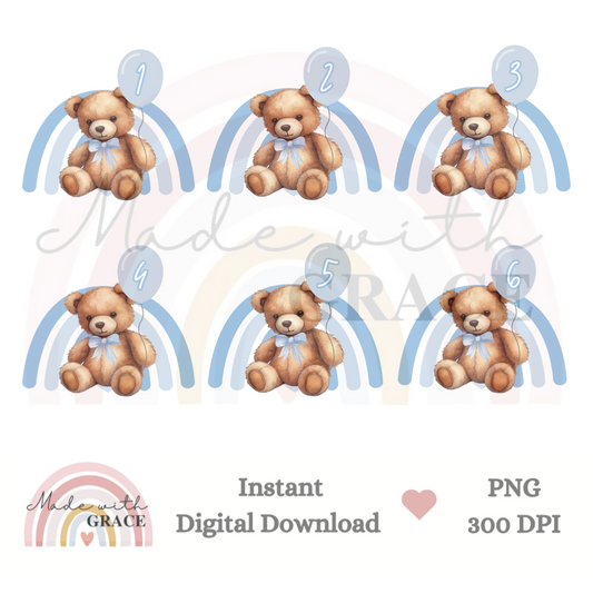 DIGITAL DOWNLOAD PNG - Birthday Bear Blue 1-6