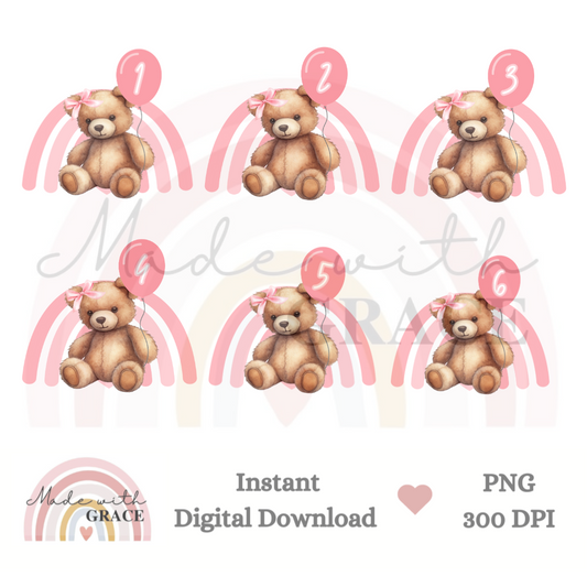 DIGITAL DOWNLOAD PNG - Birthday Bear Pink 1-6