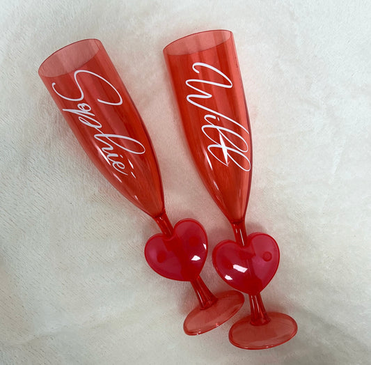 Personalised Red Heart Plastic Champagne Flutes