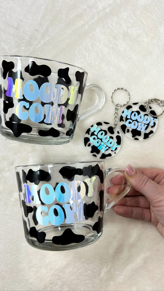 Moody Cow Large Glass Mug & Keyring Set