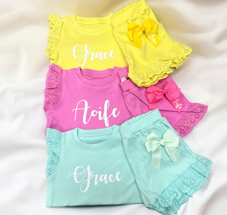 Personalised Frill Shorts & T-Shirt Set With Bow