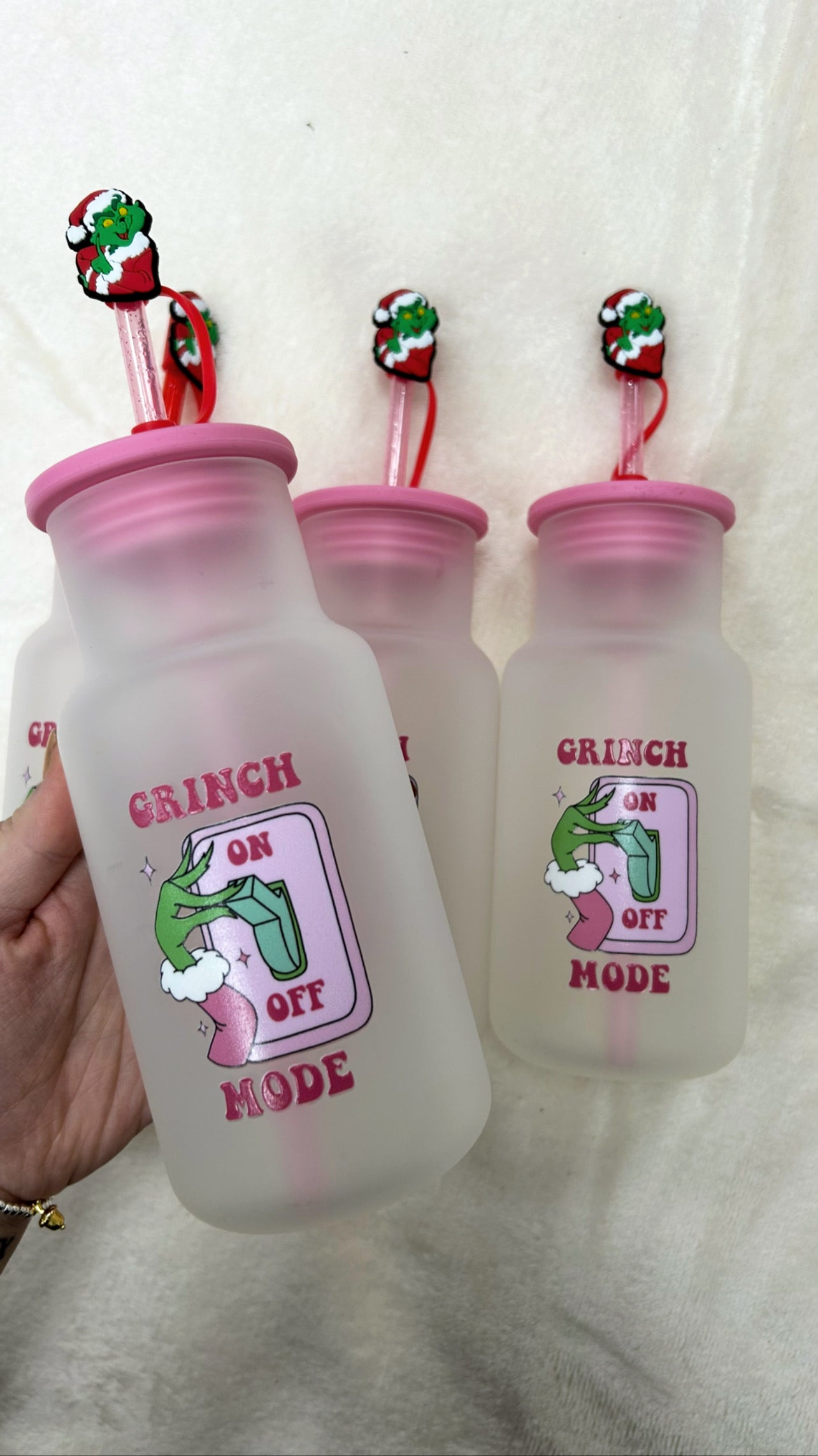 Grinch Mode Frosted Glass Jar With Straw Topper