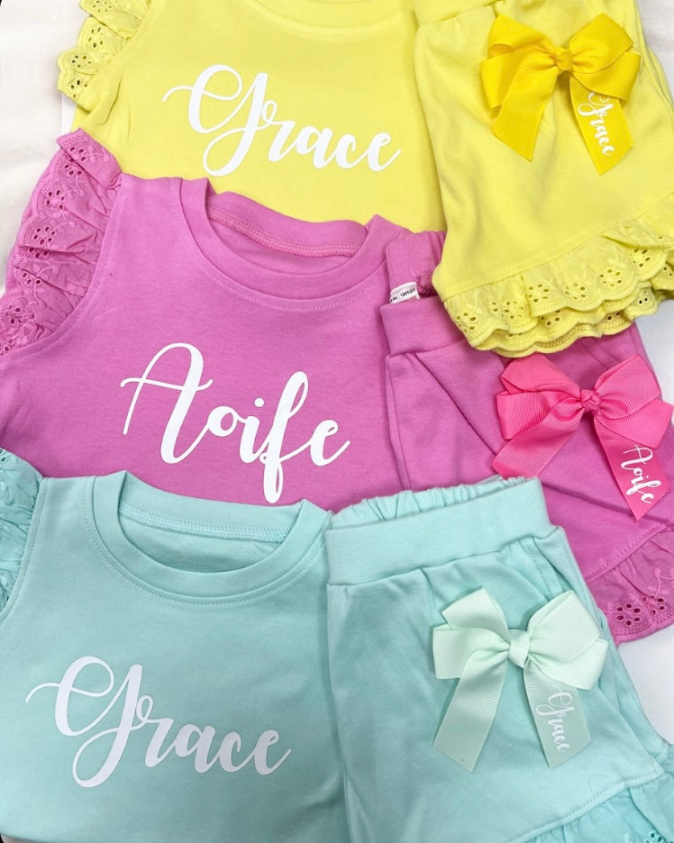 Personalised Frill Shorts & T-Shirt Set With Bow