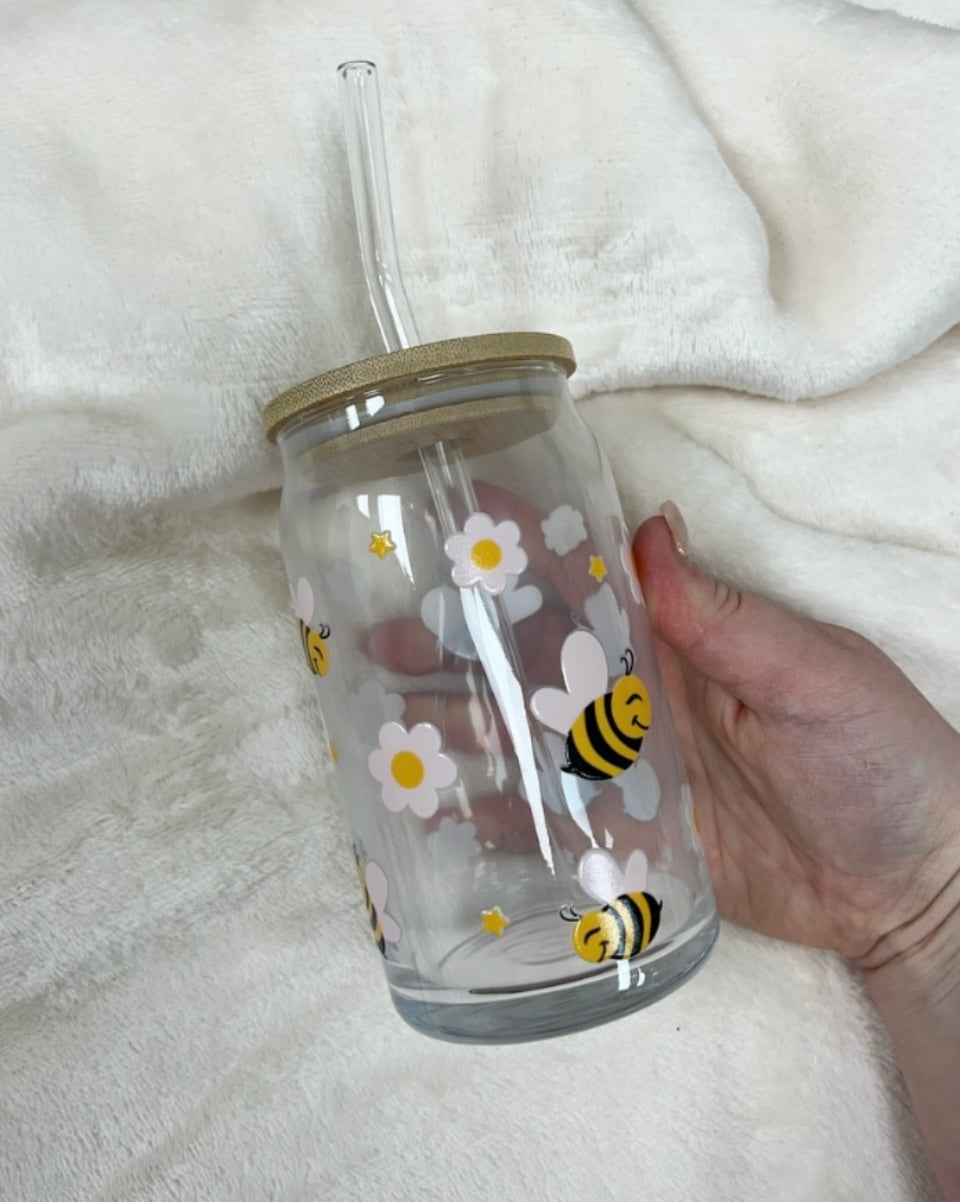 Bees & Daisies 16oz Libbey Glass Can