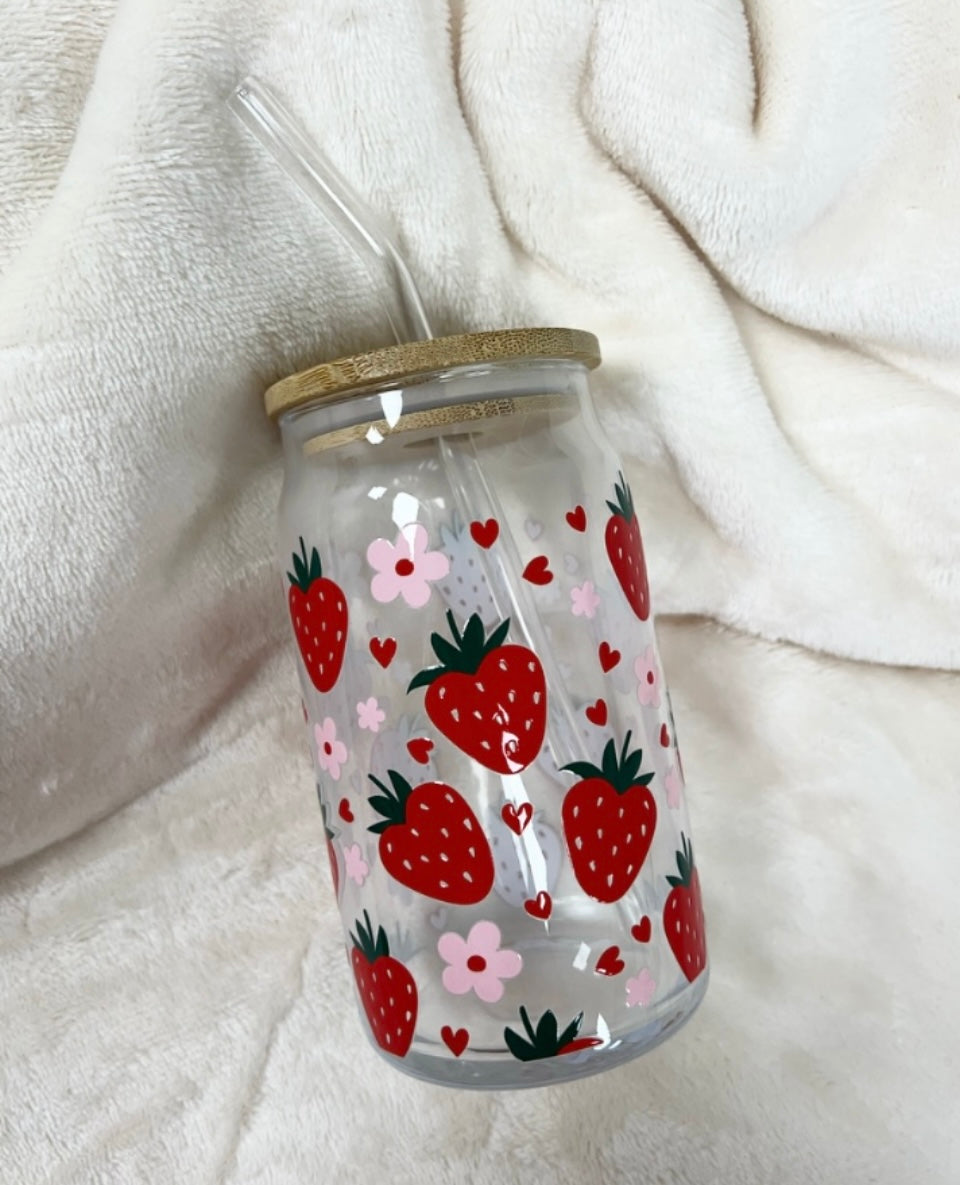 Strawberries 16oz Libbey Glass Can