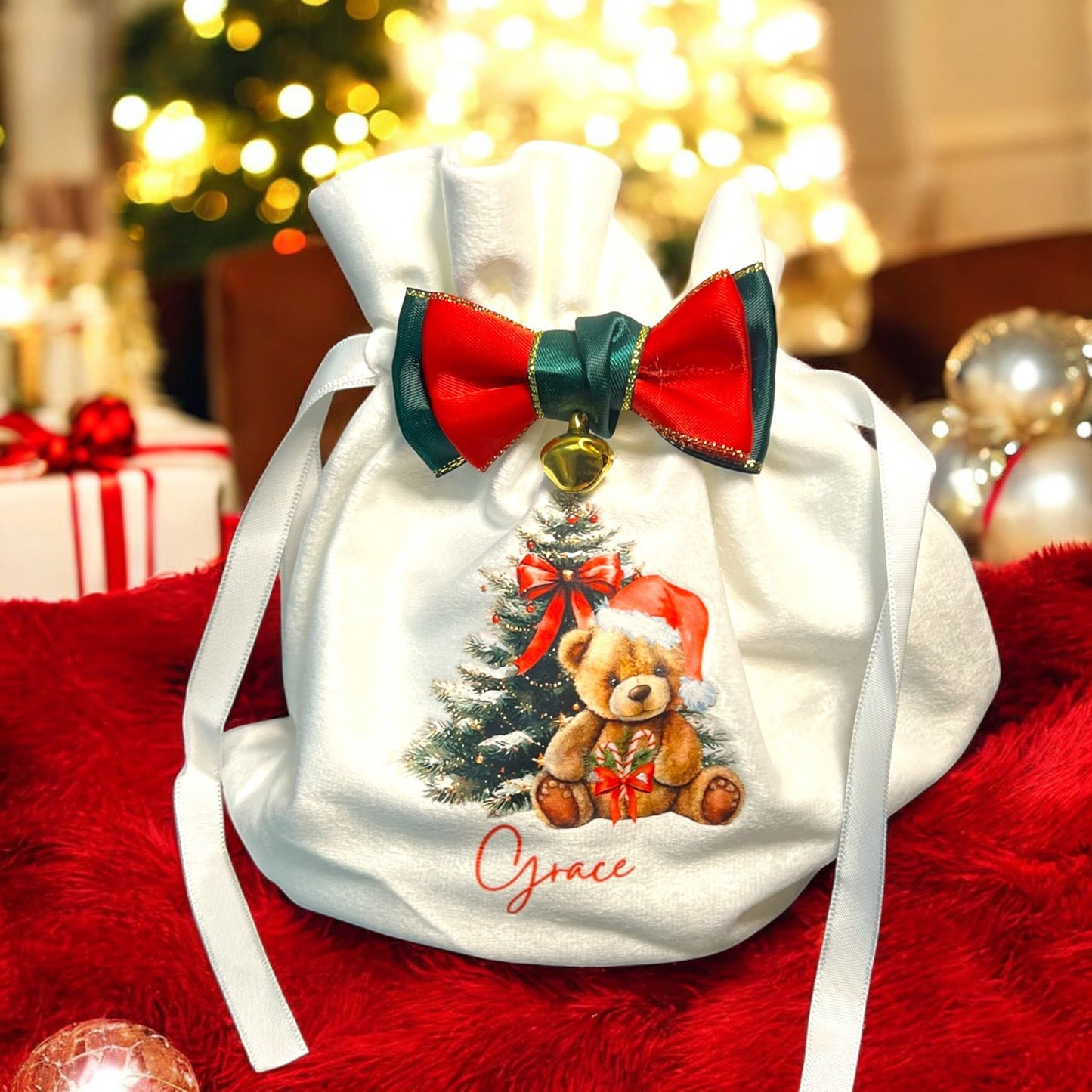 Personalised Tartan Bow Velvet Christmas Bag