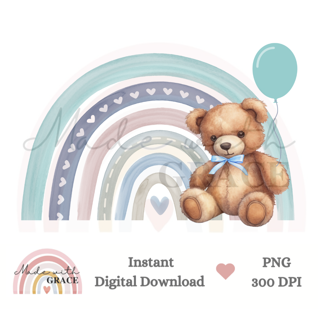 DIGITAL DOWNLOAD PNG - Balloon Blue Rainbow Bear – Made With Gracex