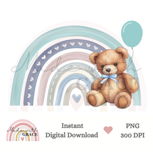 DIGITAL DOWNLOAD PNG - Balloon Blue Rainbow Bear