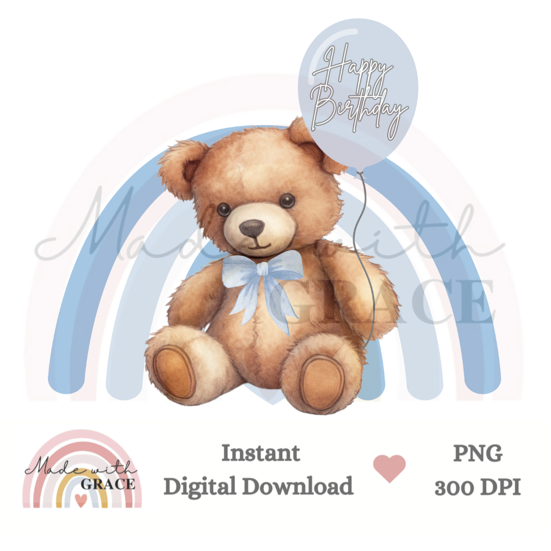 DIGITAL DOWNLOAD PNG - Happy Birthday Bear Blue