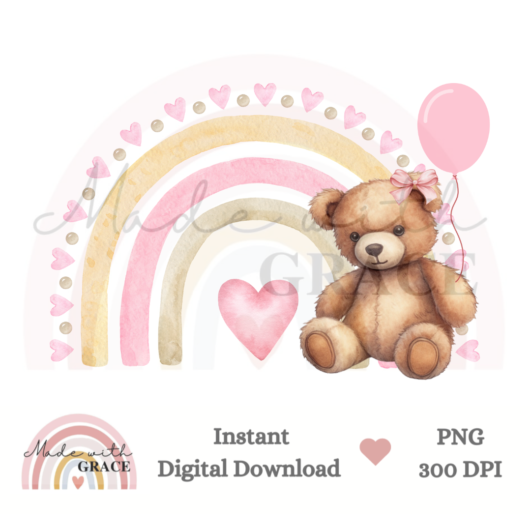 DIGITAL DOWNLOAD PNG - Balloon Pink Rainbow Bear