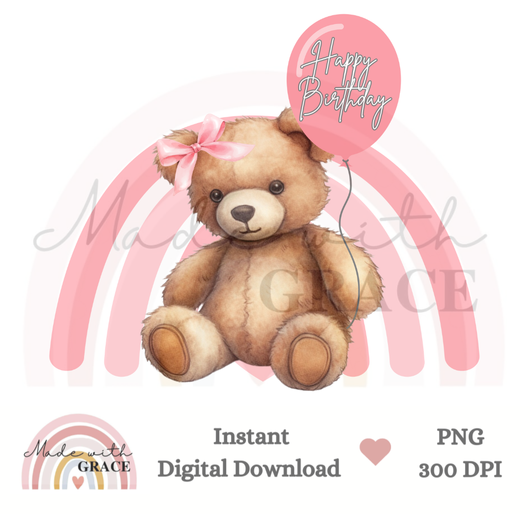 DIGITAL DOWNLOAD PNG - Happy Birthday bear Pink